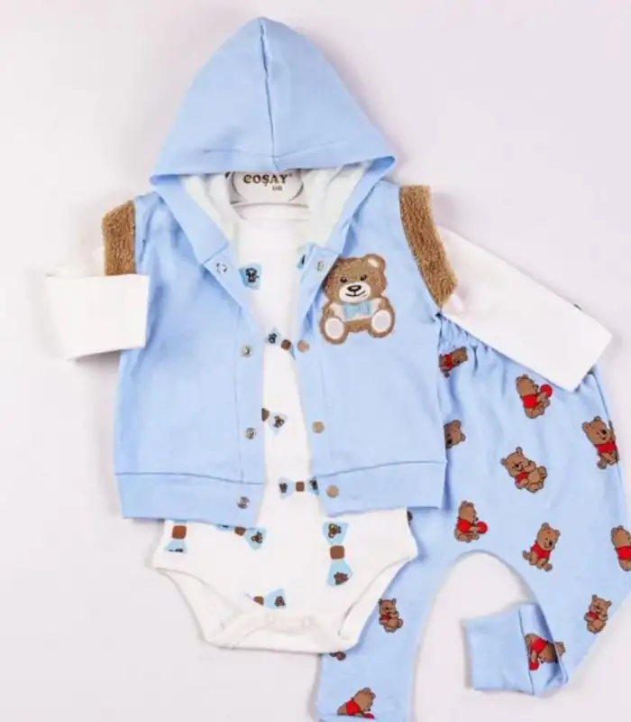 Bear Nakışlı Yelekli 3lü Erkek Bebek Takımı