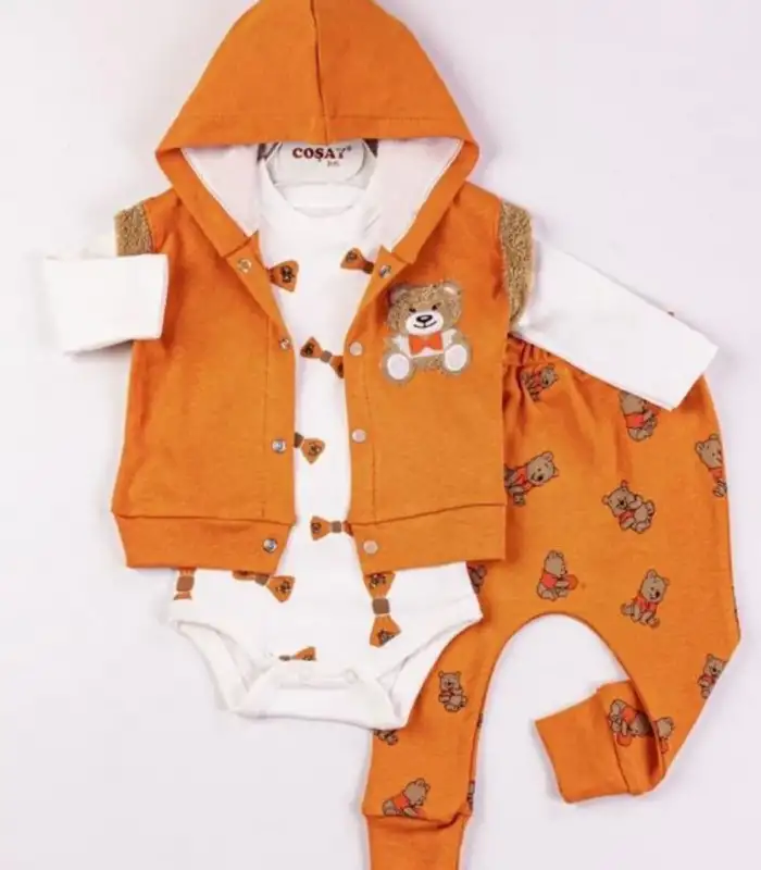 Bear Nakışlı Yelekli 3lü Erkek Bebek Takımı