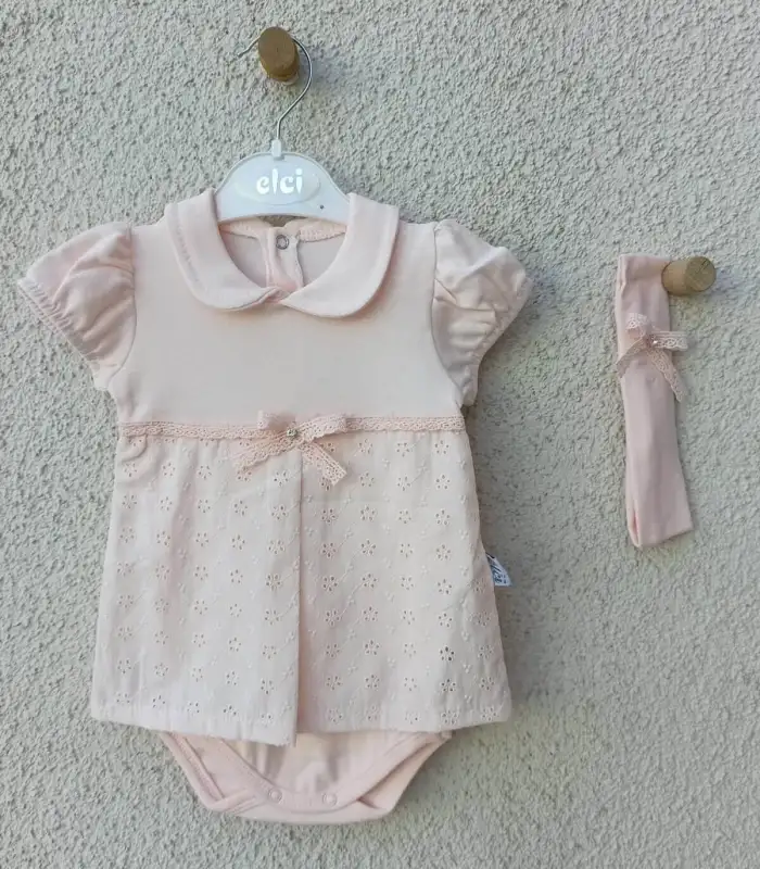 Bebek Yakalı Çiçek Işlemeli Bandanalı Badi 3-6-9 Ay