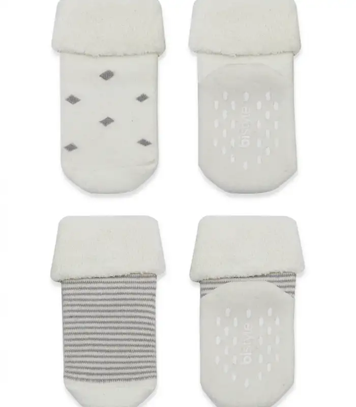 2Li Havlu Soket Kaymaz Çorap 10504 Gri Ekru