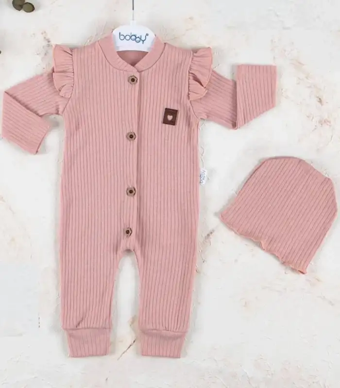 Boydan Düğmeli Şapkalı % 100 Pamuk Kız Bebek Tulumu