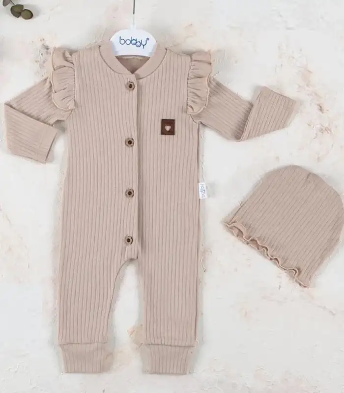 Boydan Düğmeli Şapkalı % 100 Pamuk Kız Bebek Tulumu