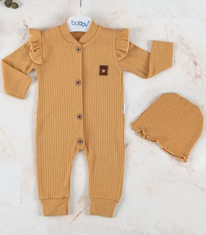 Boydan Düğmeli Şapkalı % 100 Pamuk Kız Bebek Tulumu