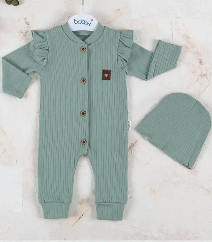 Boydan Düğmeli Şapkalı % 100 Pamuk Kız Bebek Tulumu