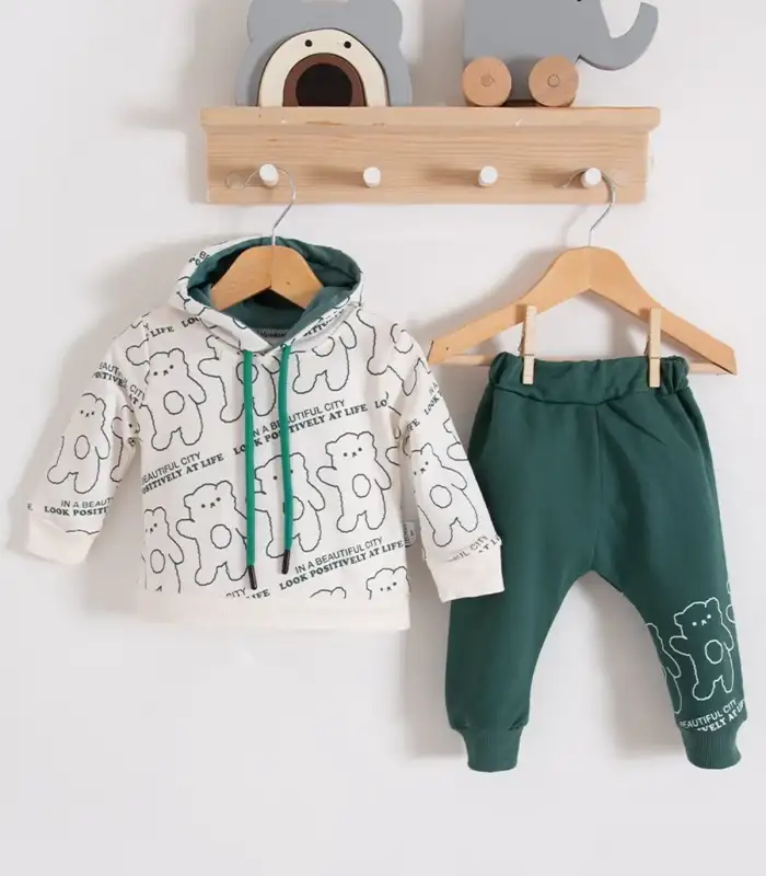 Çapraz Bears Kapüşonlu % 100 Pamuk Erkek Bebek Takımı