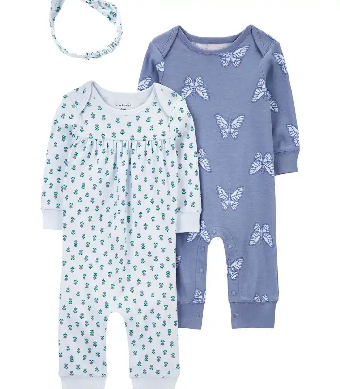 Kız Bebek Tulum Set 3lü Paket  Mavi