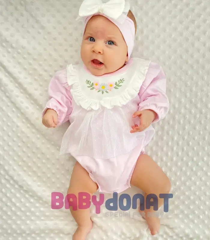 Çiçek Nakışlı Tüllü Bandanalı Kız Bebek Romper