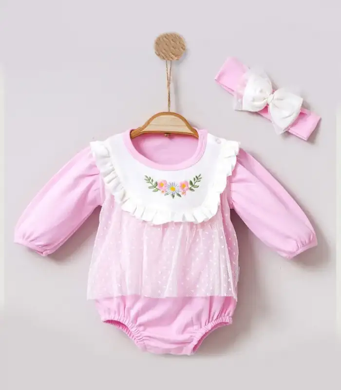 Çiçek Nakışlı Tüllü Bandanalı Kız Bebek Romper