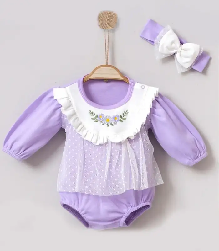 Çiçek Nakışlı Tüllü Bandanalı Kız Bebek Romper