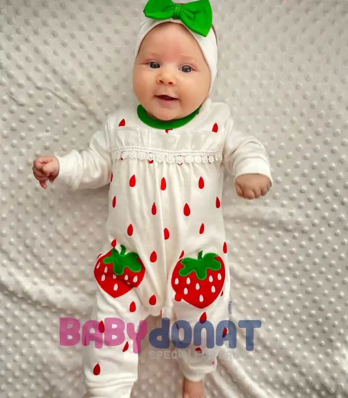 Çilek Nakışlı % 100 Pamuk Kız Bebek Tulumu