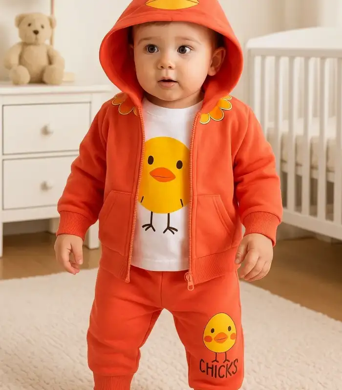 Civciv Desenli Kapişonlu 3lü Erkek Bebek Takımı