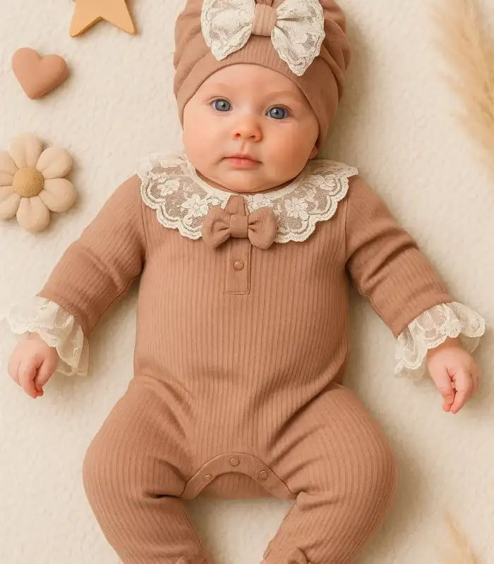 Dantel Yaka Detaylı Şapkalı 2Li Kız Bebek Tulum