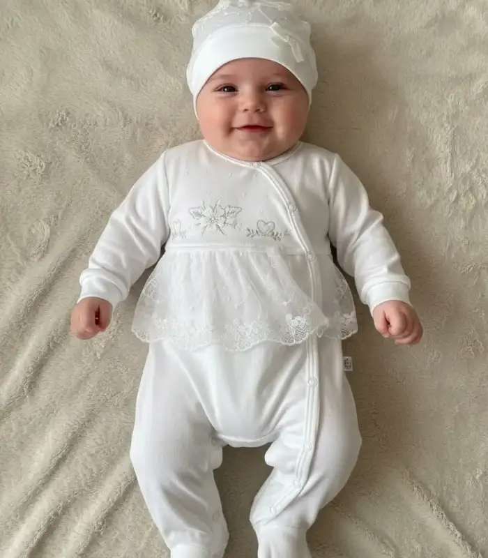 Dantelli Çiçek Nakışlı Kız Bebek Tulum %100 Pamuk