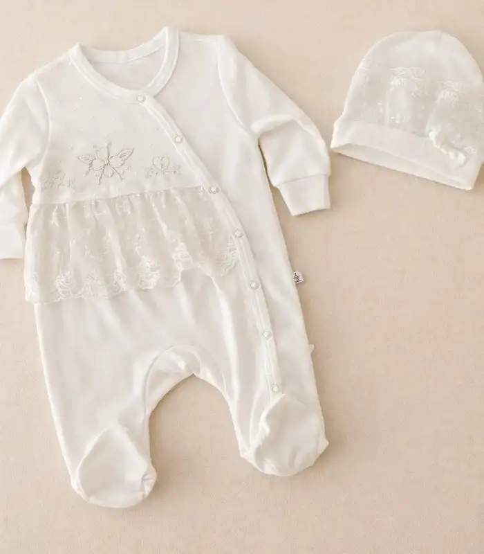 Dantelli Çiçek Nakışlı Kız Bebek Tulum %100 Pamuk