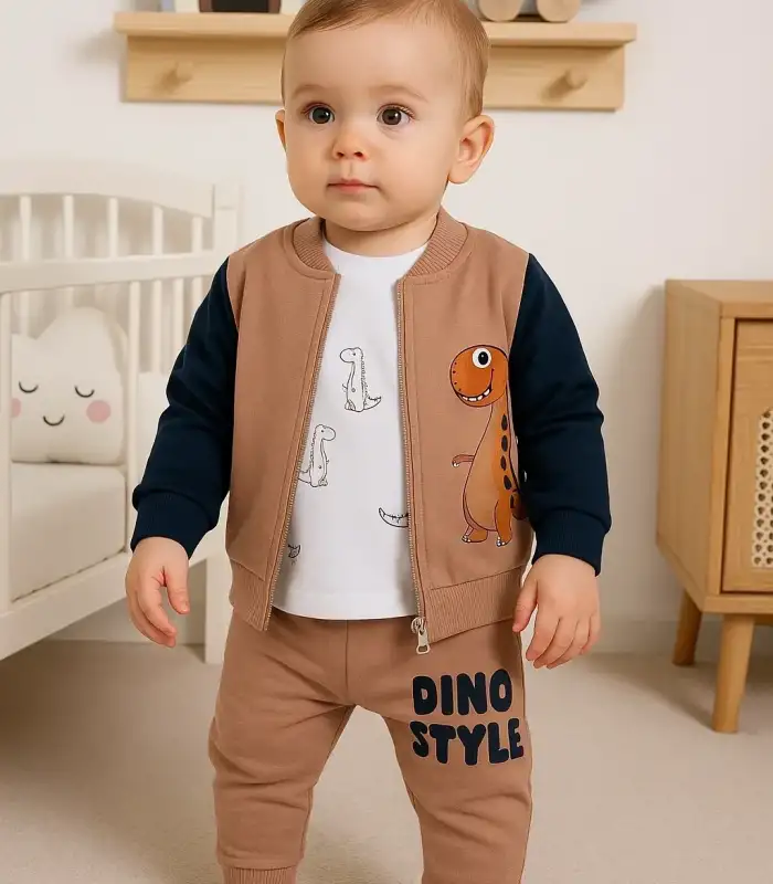 Dinazor Desenli Hırkalı 3lü Erkek Bebek Takım