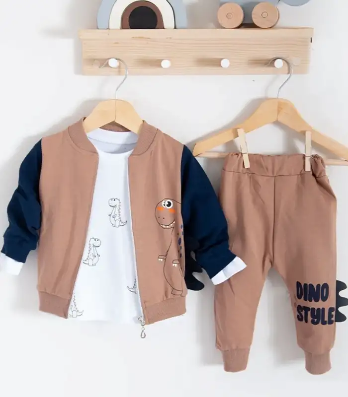 Dinazor Desenli Hırkalı 3lü Erkek Bebek Takım