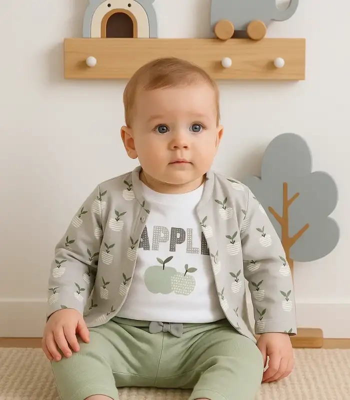 Elma Desenli Ceketli 3lü Kız Bebek Takımı