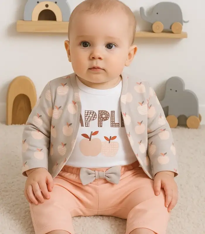 Elma Desenli Ceketli 3lü Kız Bebek Takımı
