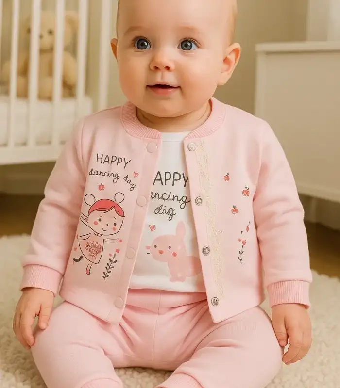Happy Dancing Desenli 3lü Hırkalı Kız Bebek Takım
