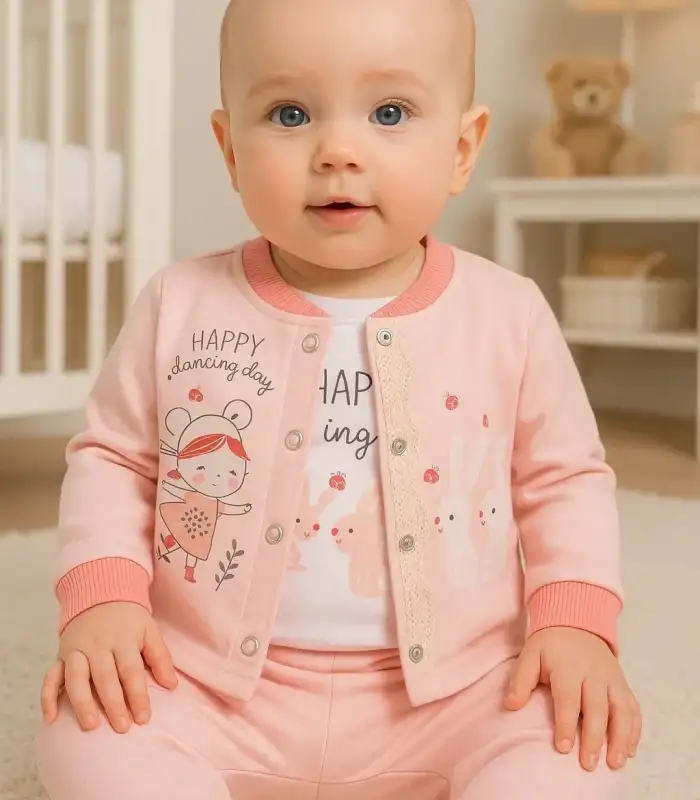 Happy Dancing Desenli 3lü Hırkalı Kız Bebek Takım