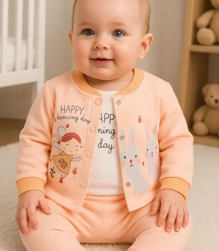 Happy Dancing Desenli 3lü Hırkalı Kız Bebek Takım