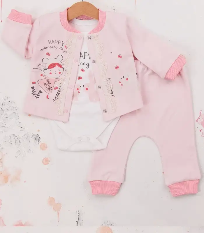 Happy Dancing Desenli 3lü Hırkalı Kız Bebek Takım