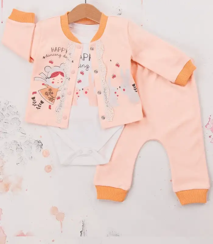 Happy Dancing Desenli 3lü Hırkalı Kız Bebek Takım