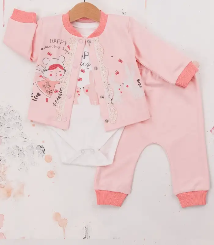 Happy Dancing Desenli 3lü Hırkalı Kız Bebek Takım