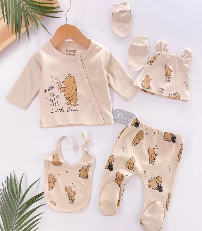 Hello Little Bear Baskılı 5 Parça %100 Pamuk Erkek Bebek Hastane Çıkışı