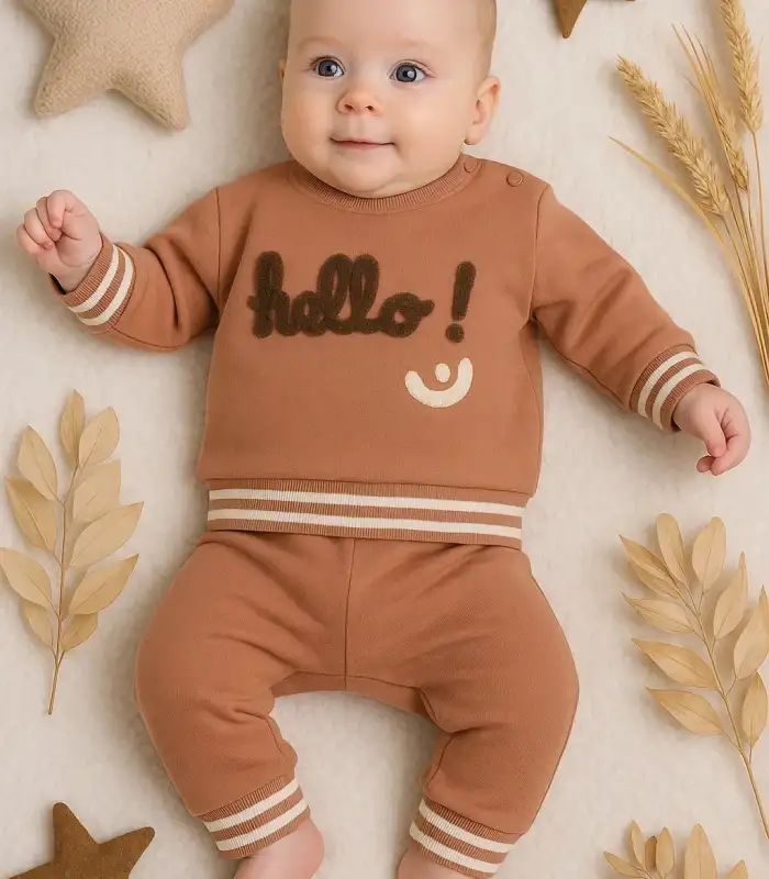 Hello Nakışlı % 100 Pamuk 2li Erkek Bebek Takım