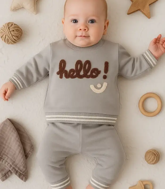 Hello Nakışlı % 100 Pamuk 2li Erkek Bebek Takım