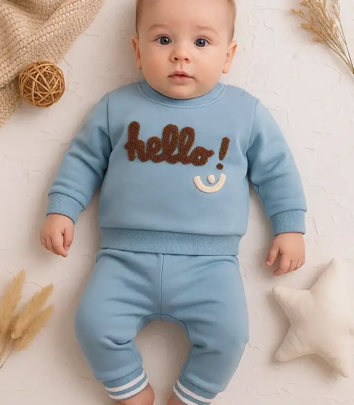Hello Nakışlı % 100 Pamuk 2li Erkek Bebek Takım