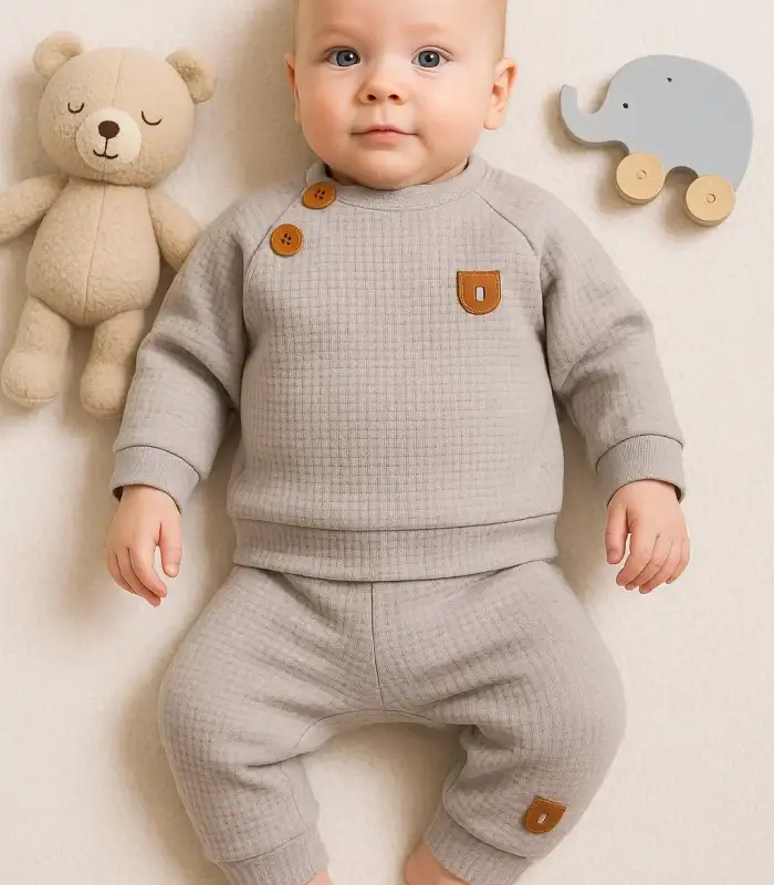 Jakarlı Omuzdan Düğmeli 2li Erkek Bebek Takımı
