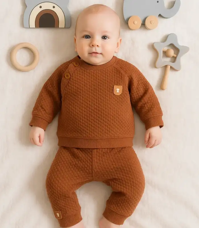 Jakarlı Omuzdan Düğmeli 2li Erkek Bebek Takımı