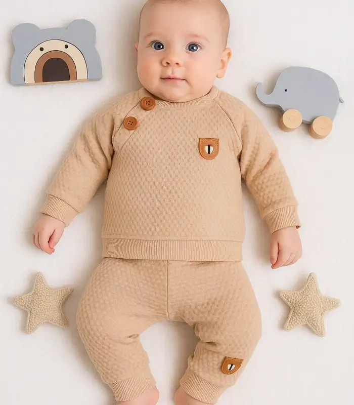 Jakarlı Omuzdan Düğmeli 2li Erkek Bebek Takımı