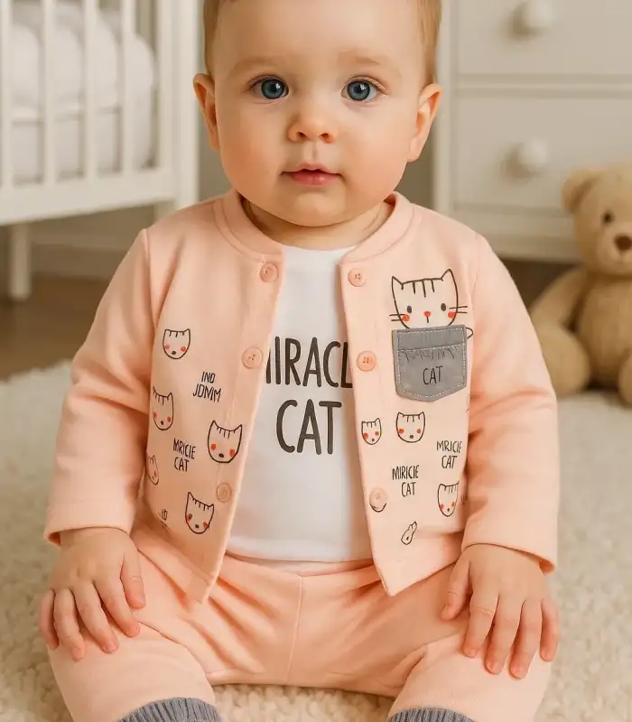 Kedi Desenli 3lü Hırkalı Kız Bebek Takım