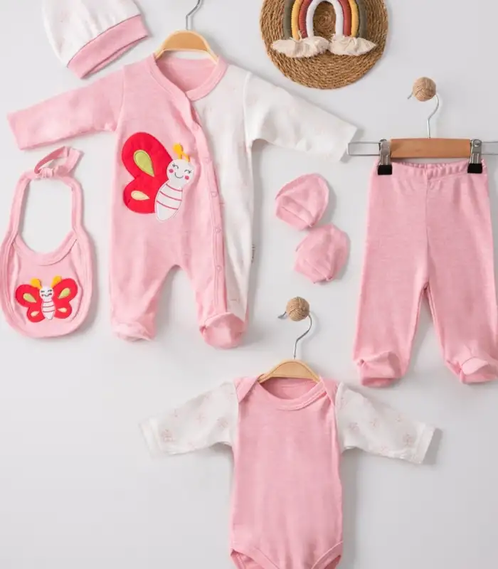 Kelebek Nakışlı Tulumlu % 100 Pamuk Kız Bebek 5li Set