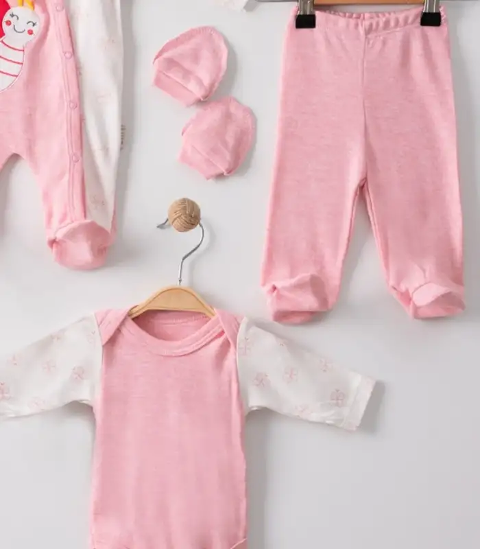 Kelebek Nakışlı Tulumlu % 100 Pamuk Kız Bebek 5li Set