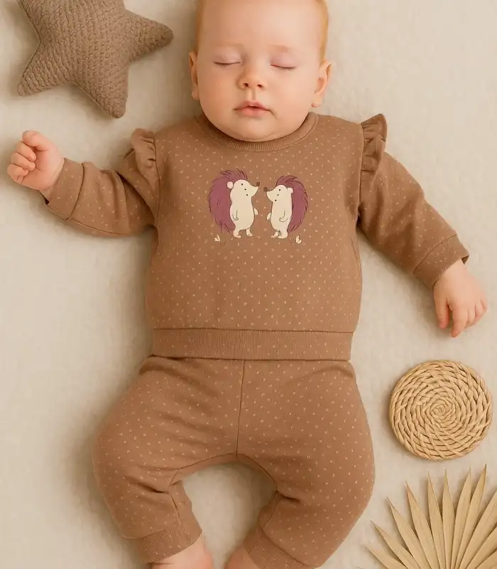 Kirpi Nakışlı % 100 Pamuk 2li Kız Bebek Takım
