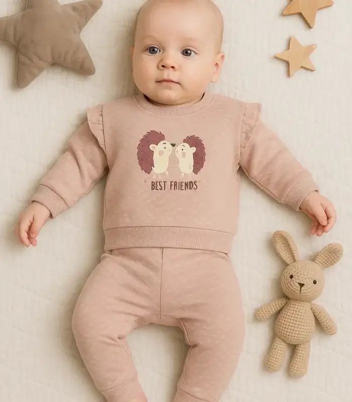 Kirpi Nakışlı % 100 Pamuk 2li Kız Bebek Takım