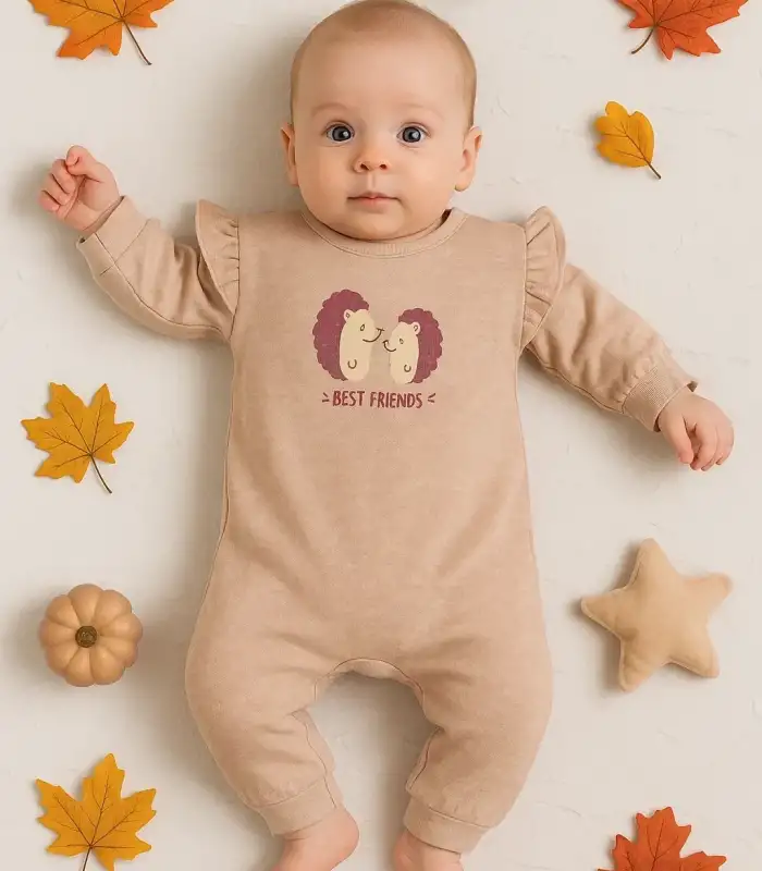 Kirpi Nakışlı % 100 Pamuk Kız Bebek Tulum