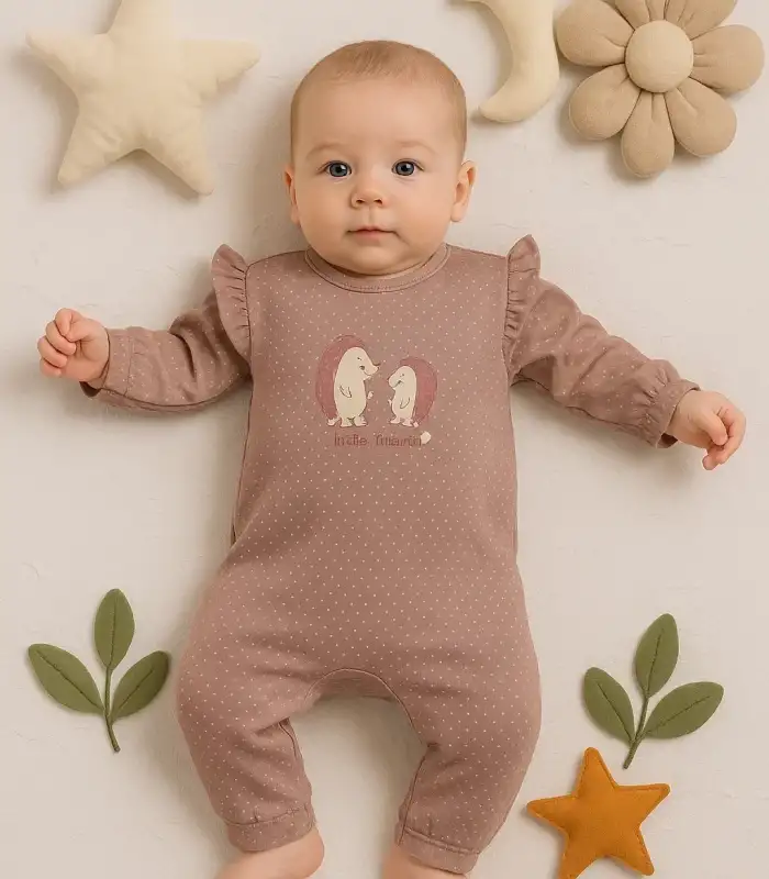 Kirpi Nakışlı % 100 Pamuk Kız Bebek Tulum