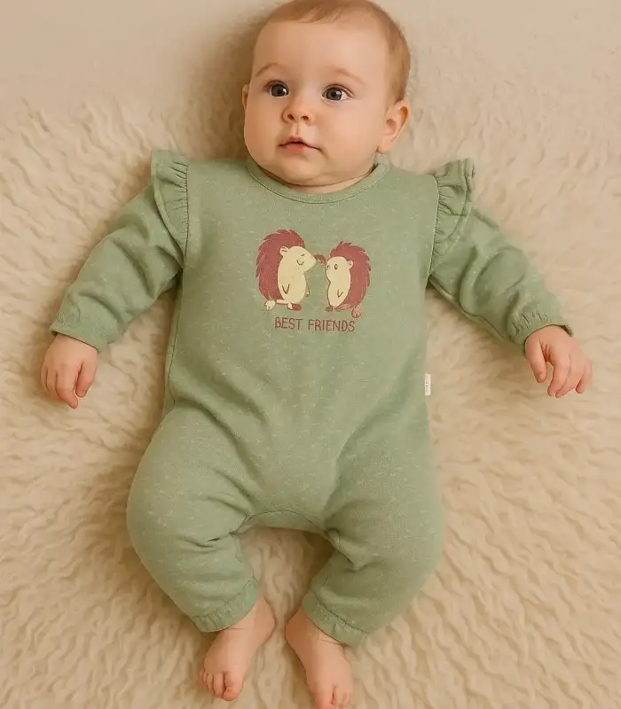 Kirpi Nakışlı % 100 Pamuk Kız Bebek Tulum