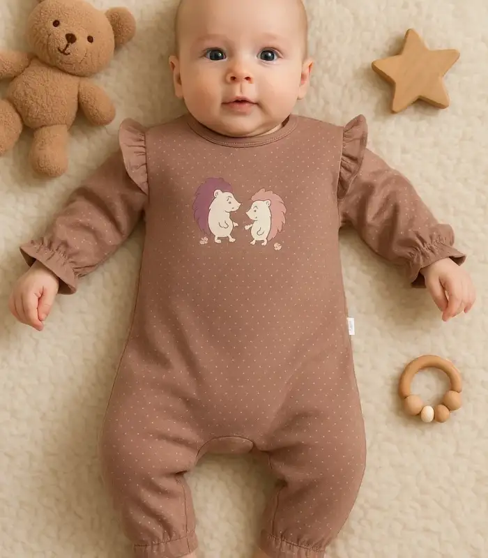 Kirpi Nakışlı % 100 Pamuk Kız Bebek Tulum