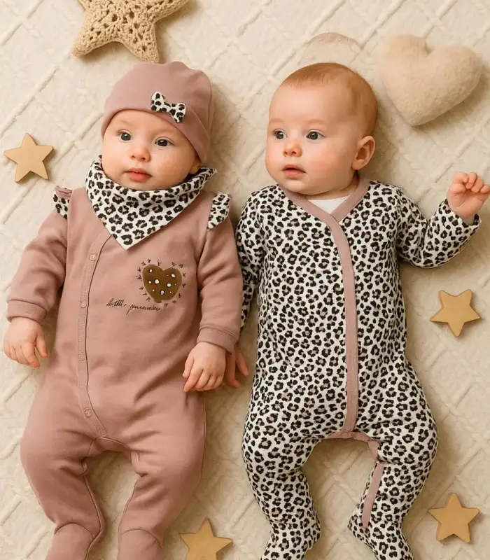 Leopar Desenli Kız Bebek 4lü Tulum Seti