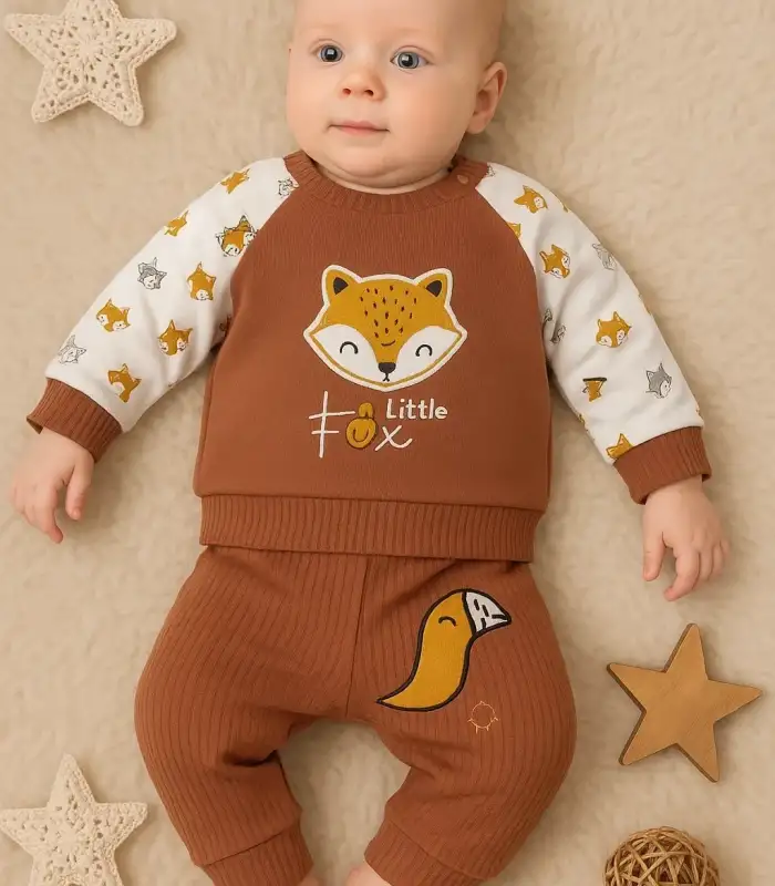 Littie Fox Nakışlı % 100 Pamuklu 2li Erkek Takım