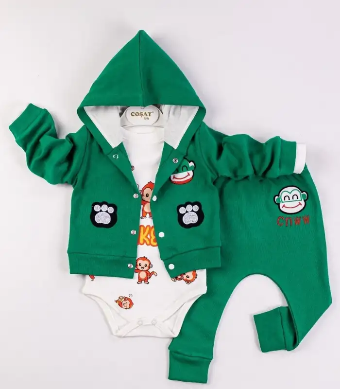 Monkey Nakışlı Kapişonlu Erkek Bebek Takım