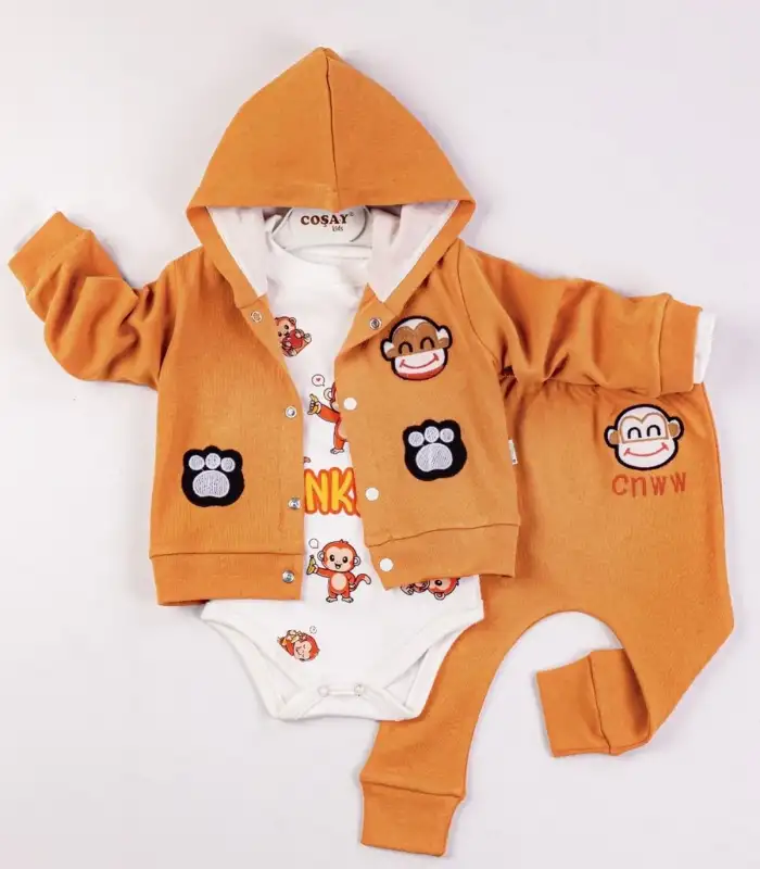 Monkey Nakışlı Kapişonlu Erkek Bebek Takım