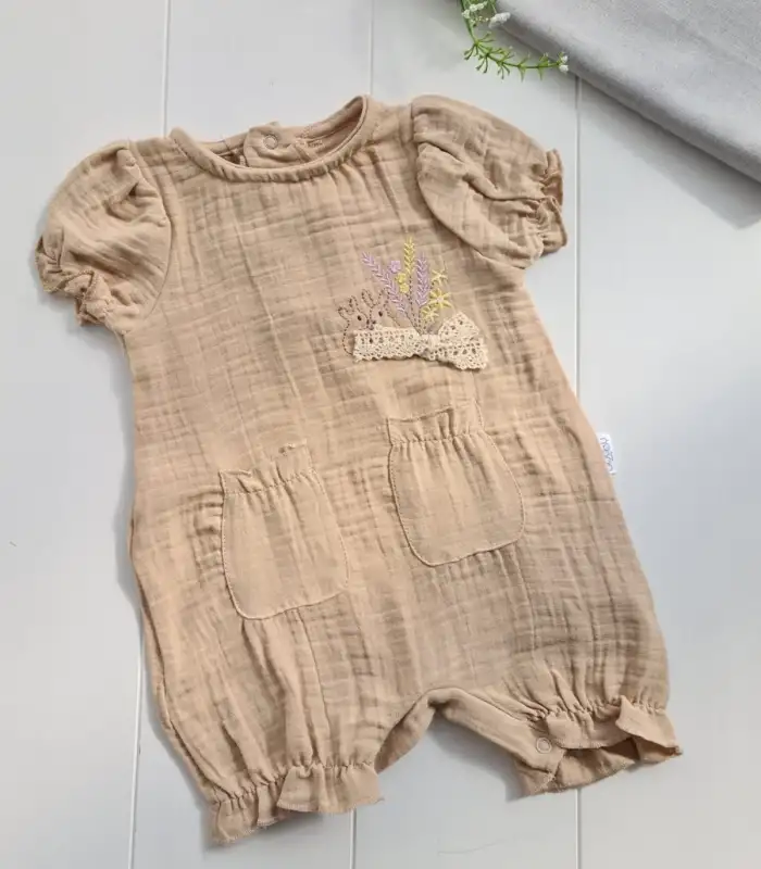 Müslin Kumaş Çiçek Nakışlı Pamuklu Kız Bebek Tulum