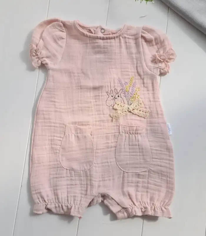 Müslin Kumaş Çiçek Nakışlı Pamuklu Kız Bebek Tulum